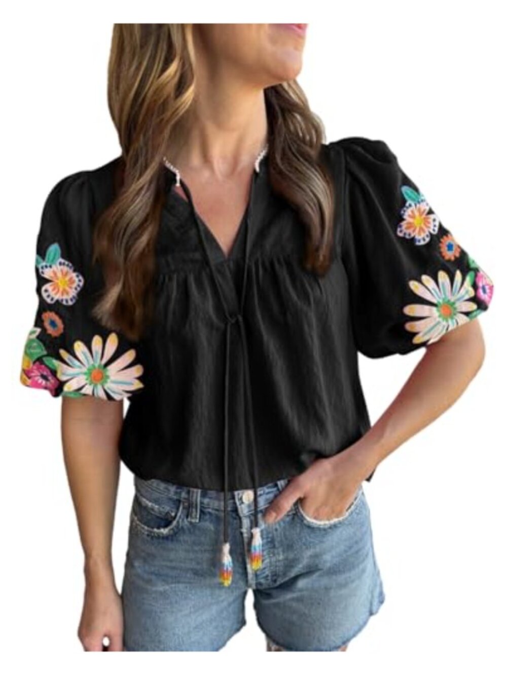 Floral Embroidered V Neck Puff Sleeve Boho Peasant Top Loose Summer Blouse
